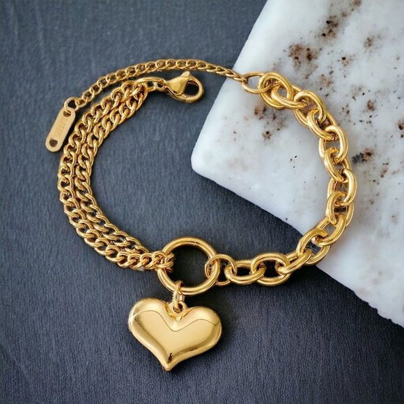 ποΈ 18K Gold Plated Stainless Steel Double-Layered Bracelet With Heartπ Pendant - Picture 4 of 5